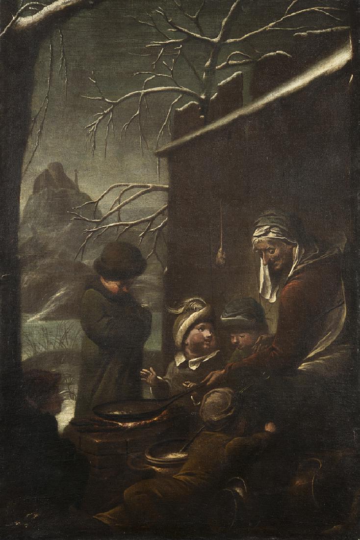 Maestro della fine del secolo XVII "Allegoria: Maestro della fine del secolo XVII "Allegoria dell'Inverno" olio su tela (cm 152x109) in cornice laccata a finto marmo (difetti e restauri) 17th-century master "Allegory of Winter" oil on canvas (cm 1