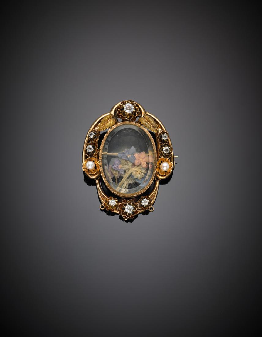 Spilla in oro rosso, teca in cristallo, diamanti e due (1 of 1)