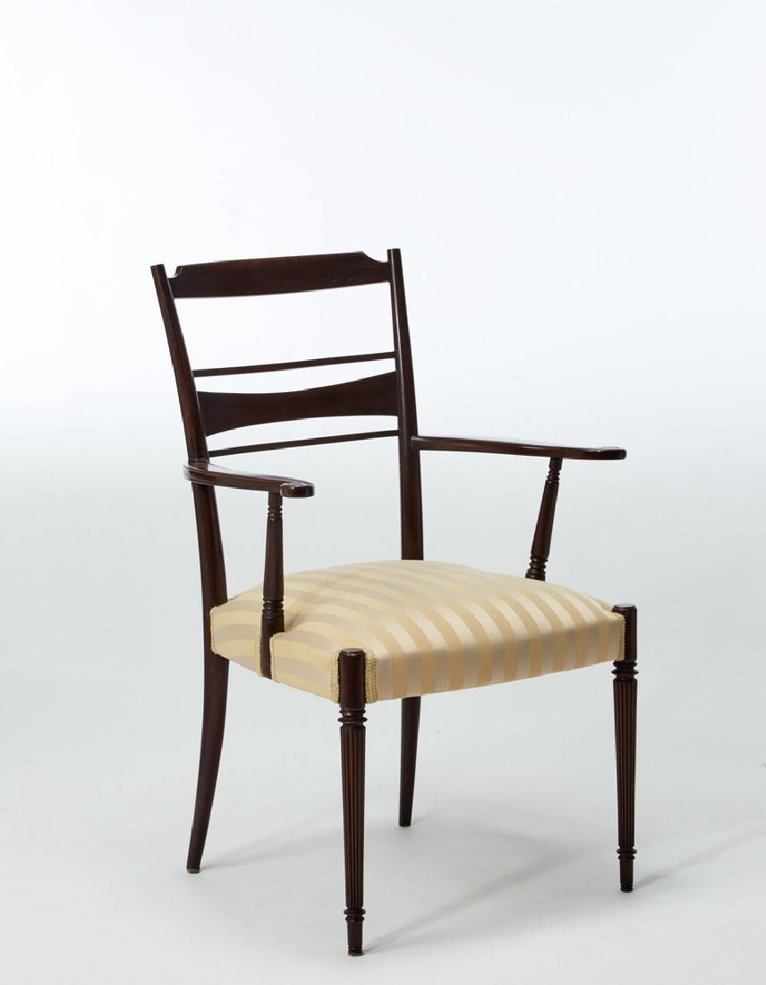 Paolo Buffa (Milano 1903 - Milano 1970) Mahogany: Paolo Buffa (Milano 1903 - Milano 1970) Mahogany armchair with carved armrests. Upholstered seat in striped beige fabric. Marelli & Colico production, Cantù 1949 (cm 60x90x55) Appended certificate of