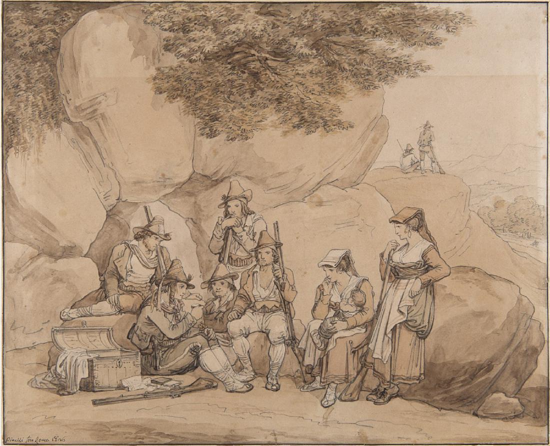 Bartolomeo Pinelli (Roma 1781 - 1835)"Briganti" penna e: Bartolomeo Pinelli (Roma 1781 - 1835)"Bandits" pen and brown ink washed brown, traces in black pencil (mm 370x425) signed, dated and located "Pinelli fece Roma 1826" bottom left (applied)"Briganti" pe
