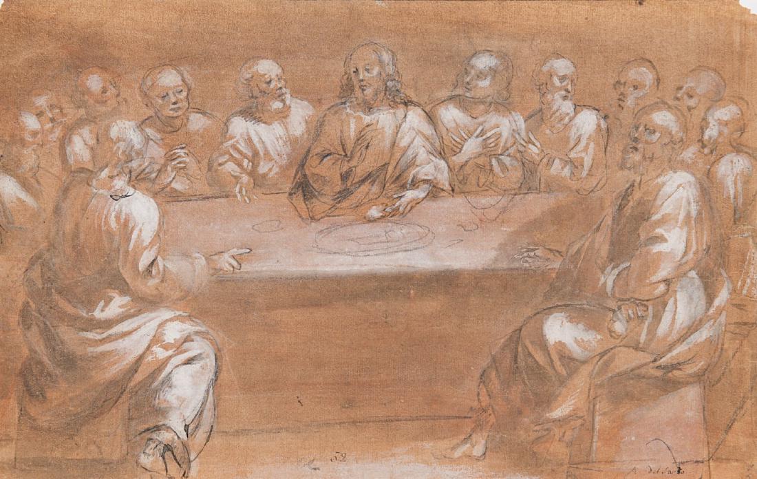 Belisario Corenzio (Acaia 1558 - Napoli 1640)(attr.): Belisario Corenzio (Acaia 1558 - Napoli 1640)(attributed) "The last Supper (recto); A military scene (verso)" black chalk, pen and black ink, grey wash, heightened with white on red prepared paper (re
