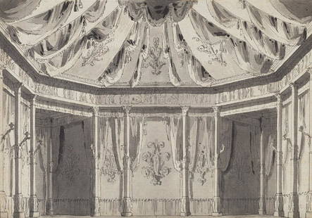 Alessandro Sanquirico (Milano 1777 - 1849)(attr.): Alessandro Sanquirico (Milano 1777 - 1849)(attributed) "Stage set drawing of an interior" pen and black ink washed gray over traces in black pencil (mm 205x290) framed(attr.) "Scenografia d'interno"