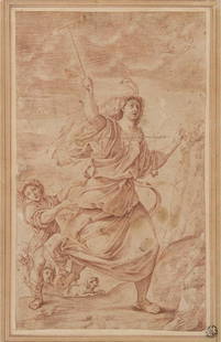 Scuola bolognese del secolo XVIII "La pazza corre a: Bolognese school, 18th century "La pazza corre a cercare il santo che la risani" after Lodovico Carracci. Red chalk, stamp bottom right (mm 330x200) (defects, mounted) Provenance: Sotheby's Milan, 12