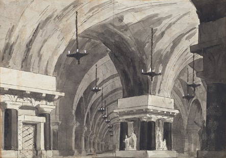 Alessandro Sanquirico (Milano 1777 -: Alessandro Sanquirico (Milano 1777 - 1849)(attributed) "Stage set design" on verso label which relates it to "Vendetta and dell'Odio / Sotterraneo scavato dai Mori" pen and black ink washed black and