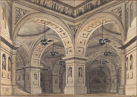 Alessandro Sanquirico (Milano 1777 - 1849)(attr.): Alessandro Sanquirico (Milano 1777 - 1849)(attributed) "Palace hall with chandeliers" pen, black ink washed gray, touches of white lead (mm 211x330) framed(attr.) "Androne di palazzo con lampadari" pe