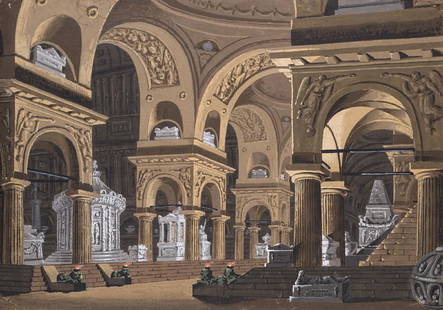 Alessandro Sanquirico (Milano 1777 - 1849)(attr): Alessandro Sanquirico (Milano 1777 - 1849)(attributed) "Design for a stage set related to the tragedy Castore and Polluce, by Frugoni" watercolours and white and yellow tempera (mm 300x425) framed. Da