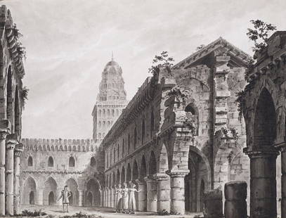 Alessandro Sanquirico (Milano 1777 - 1849)(attr.): Alessandro Sanquirico (Milano 1777 - 1849)(attributed) Stage set design related to the opera "Le zingare dell'Asturia", by Felice Romani, represented at La Scala in 1817, pen and black ink washed brow