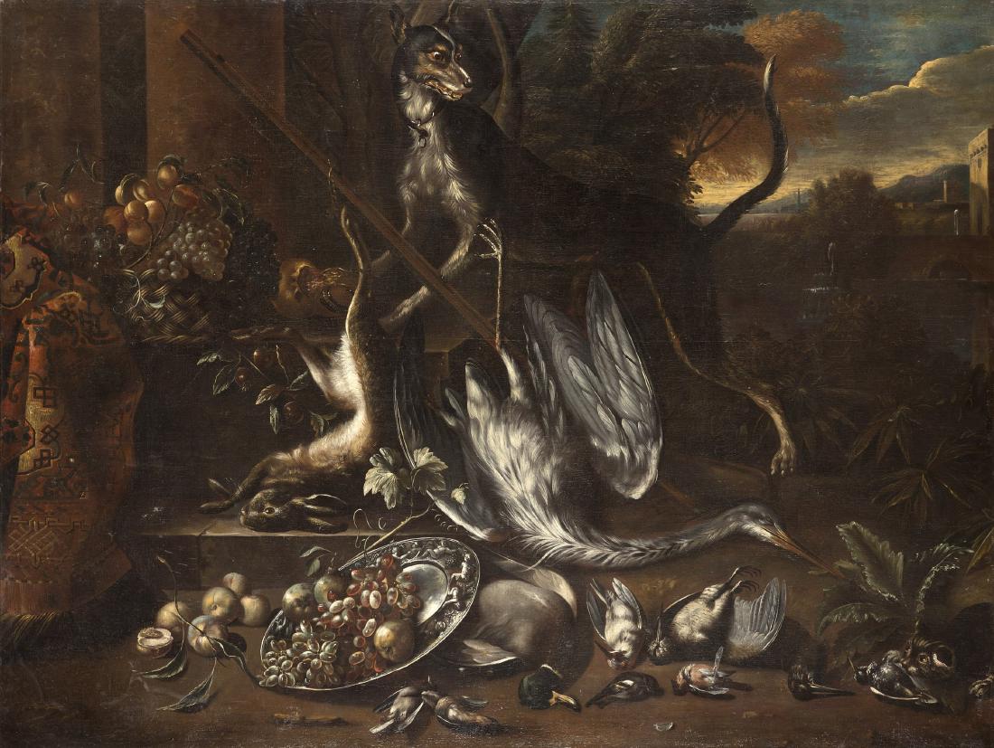Ambito di Angelo Maria Crivelli, secolo XVIIINatura: Circle of Angelo Maria Crivelli, 18th CenturyStill life with game, dog and fruit en plein airoil on canvas 159x208.5 cm.(defects)Ambito di Angelo Maria Crivelli, secolo XVIIINatura morta con cacciagio