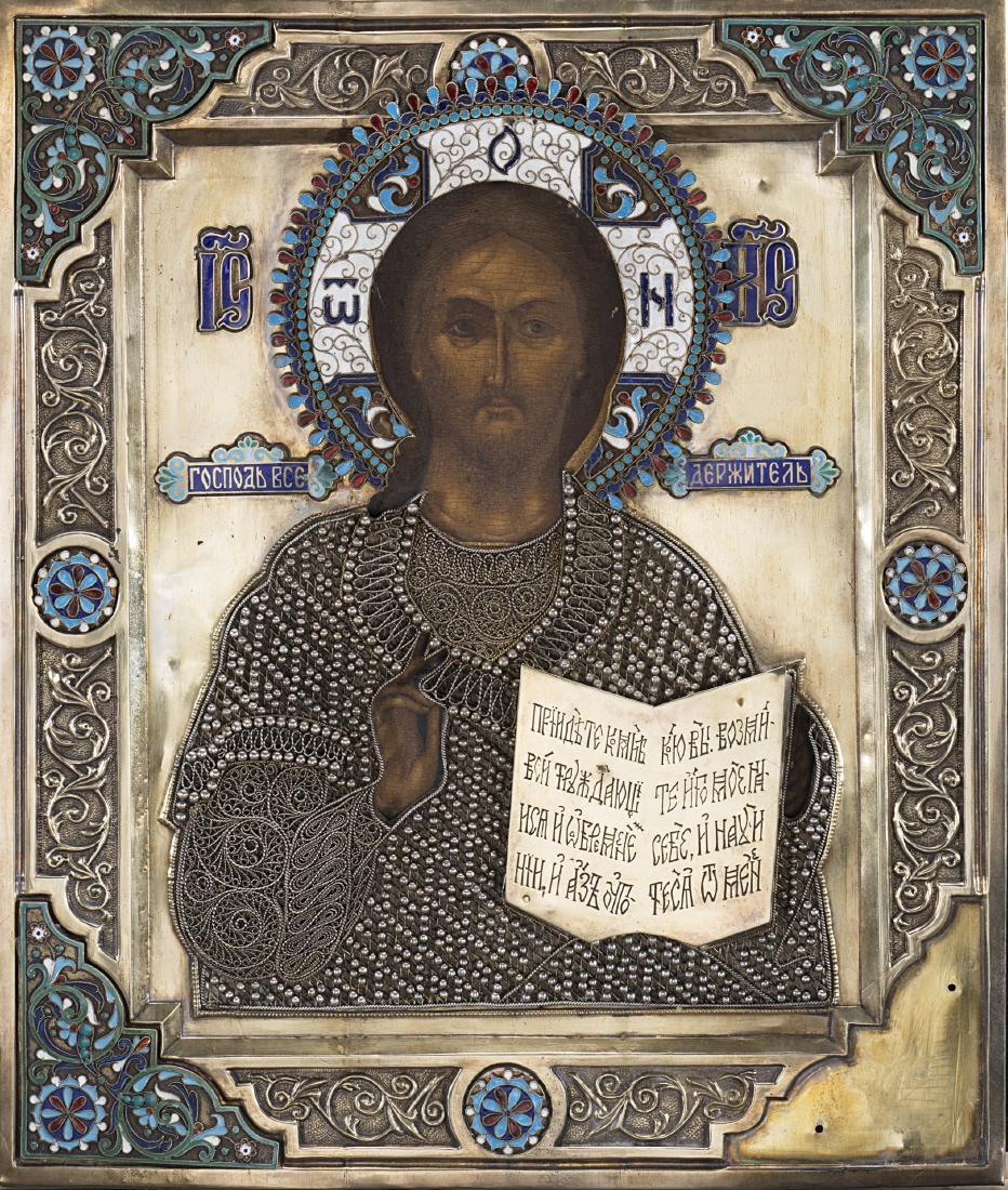 Icona raffigurante Cristo benedicente con riza in: Icon depicting Christ blessing with riza in silver and enamels. European/Russian manufacture, 20th century. Spurious marks of Grachev (cm 32x27 ca.) (defects)Icona raffigurante Cristo benedicente con