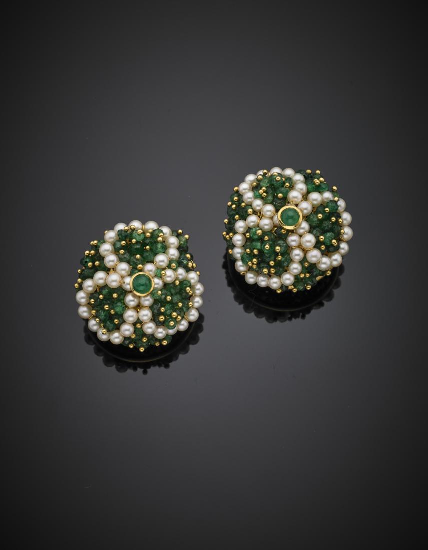 GIODOROEmerald and pearl yellow gold earclips, g 24.14, (1 of 1)