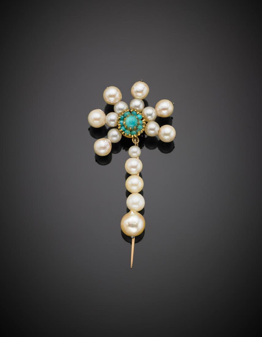 Pearl and cabochon turquoise yellow gold pin, g 7.20, (1 of 1)