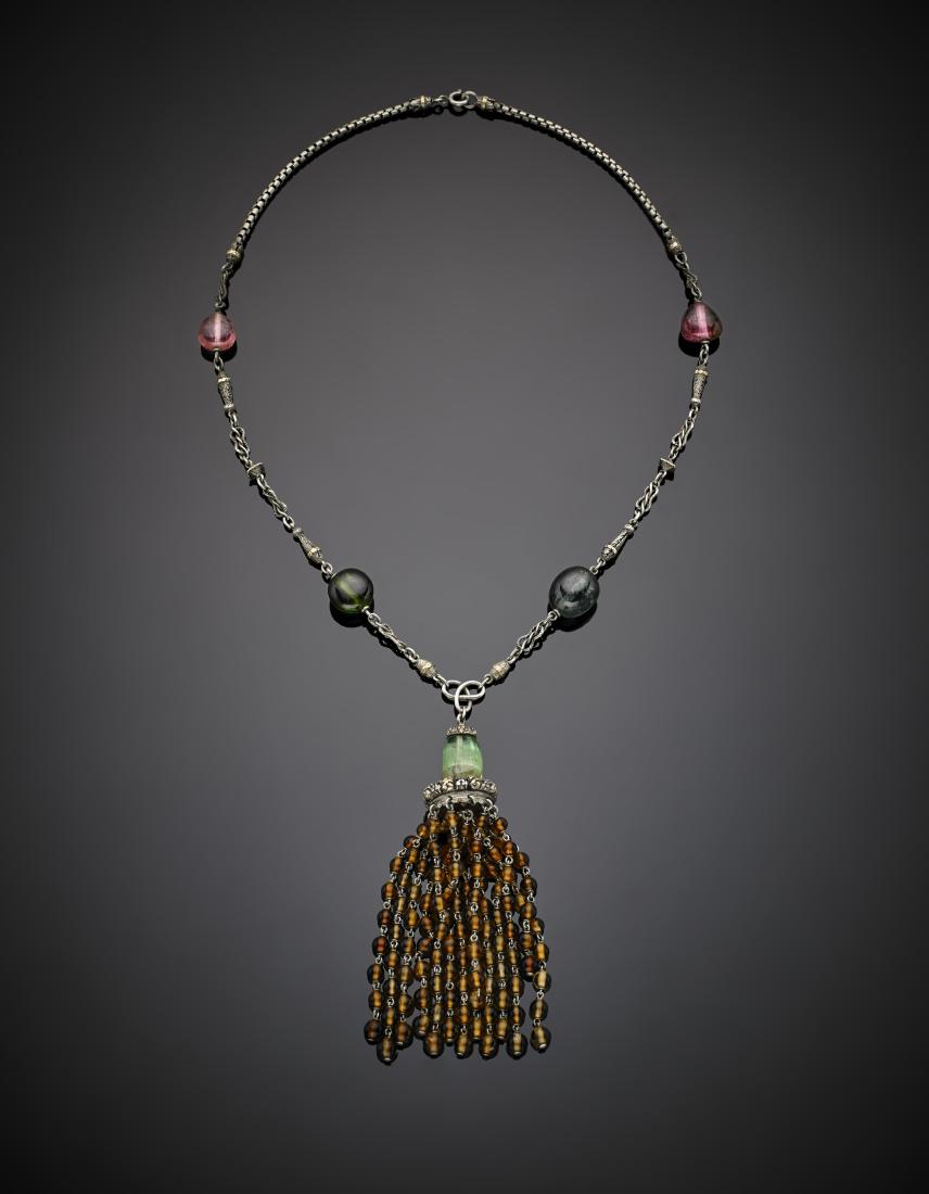 Tourmaline and quartz bead silver and gold necklace (1 of 1)