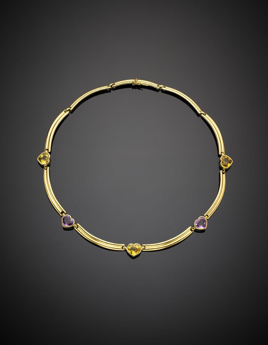 *WEINGRILL per MISSIAGLIA Yellow gold articulated: *WEINGRILL per MISSIAGLIA Yellow gold articulated segment necklace with three yellow sapphire, in all ct. 9.40 circa and two pink one, in all ct. 4.40 circa, all heart shaped, g 41.80, length cm 41.6