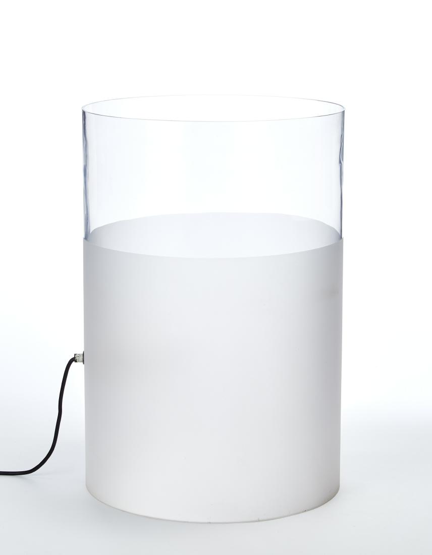 Guido Rosati Lampada da tavolo cilindrica modello: Guido Rosati Cylindrical table lamp, colourless glass, partially acidato outside model "Fatua". Produced by Fontana Arte, Milan, 1972ca. Colorless glass partially acidato on the external surface. (h 5