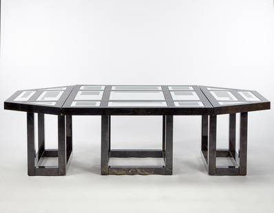 Nucci Valsecchi Tavolo ottagonale, scomponibile in due: Nucci Valsecchi Octagonal table, which can be divided into two consoles and a squared table. Execution by Manifattura Tura, Lazzate, 1970s. Wooden structure covered in gray-black parchment. Treated wi