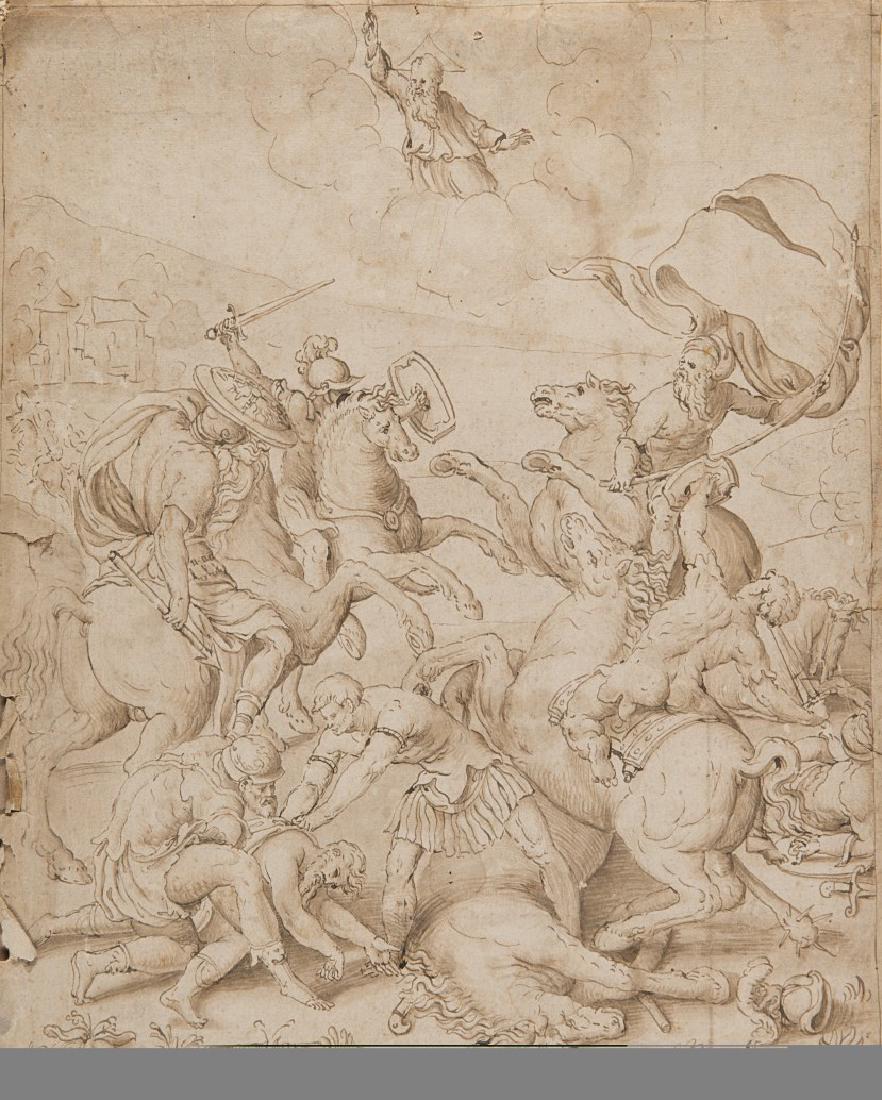North Italian artist, early 17th centuryBattle scenePen: North Italian artist, early 17th centuryBattle scenePen and brown ink, washed brown on paper applied on cardboard 311x251 mm.Inscribed in pen "Giulio Campi" at bottom centre(defects)Artista dell'Itali