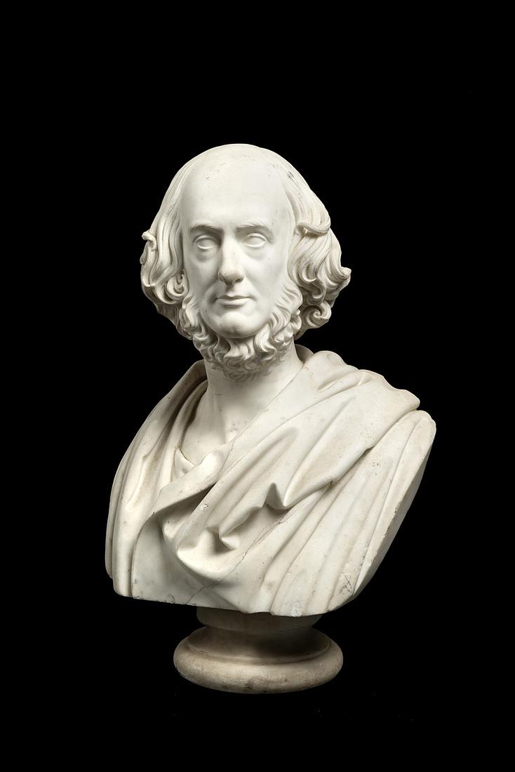 English sculptor active in Italy in the 19th century.: English sculptor active in Italy in the 19th century. Probable portrait of Robert Browning (1812 - 1889). Marble bust (h. cm 77) (defects)Scultore inglese operante in Italia nel secolo XIX. Probabile