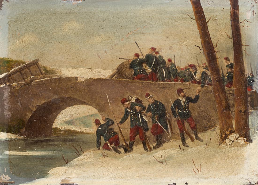 A small oil board representing an episode of the Franco: A small oil board representing an episode of the Franco Prussian War 1870/71. 19th century Master of the French school (cm 11x15) (defects) IT Maestro francese del secolo XIX. Piccola tavoletta ad oli