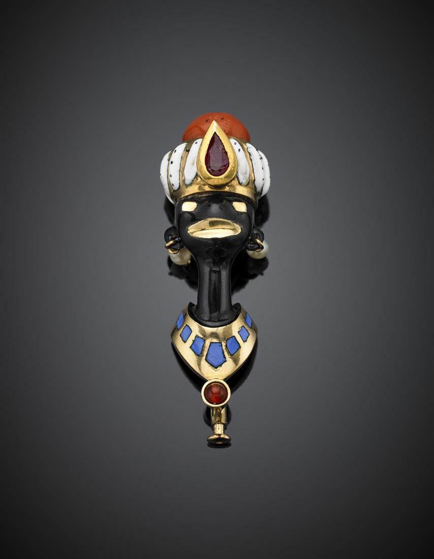 Yellow gold orange coral and enamel moor brooch (1 of 1)