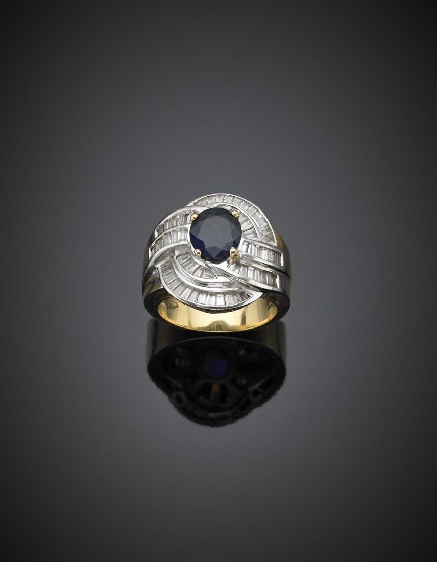 Oval ct. 1.80 circa sapphire, baguette and tapered: Oval ct. 1.80 circa sapphire, baguette and tapered diamond yellow gold ring, diamond, in all ct. 1.60 circa, g 14.44 size 13/53. IT Anello in oro bianco e giallo diamanti baguette e tapered per comple