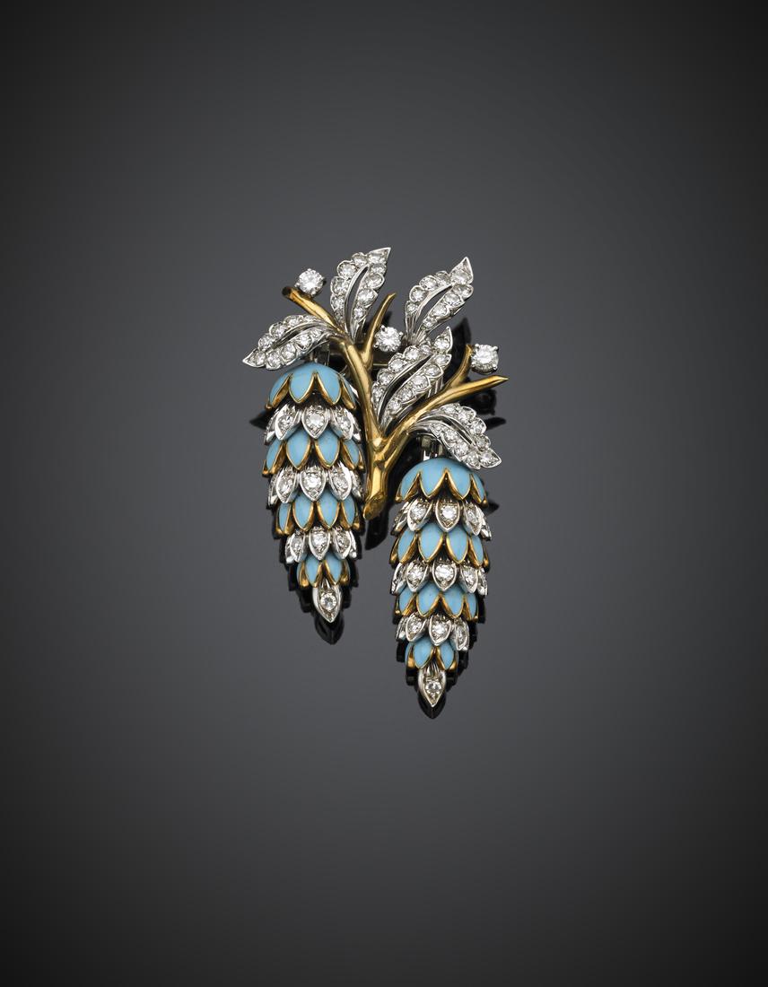 Bi-coloured gold diamond and turquoise enamel pinecones (1 of 1)