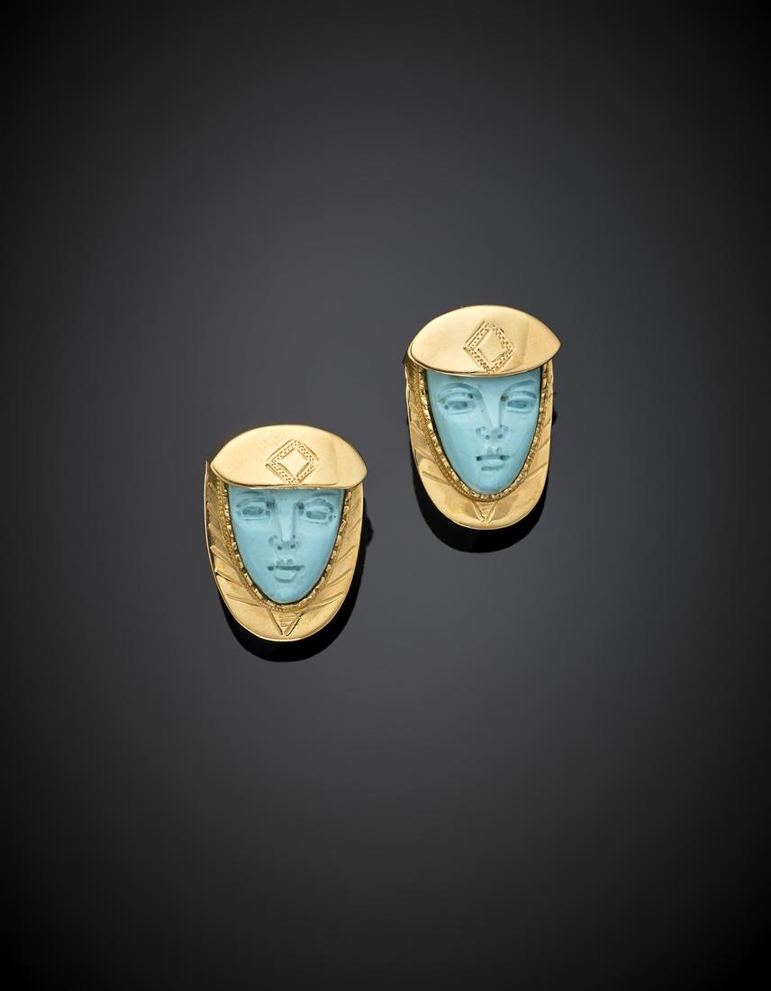 Turquoise paste yellow gold mask earclips, g 14.20, (1 of 1)
