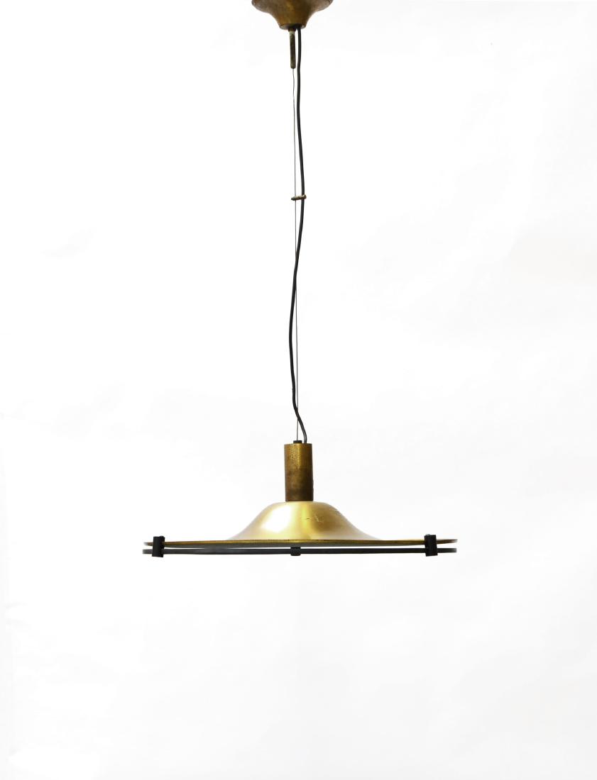 Lamperti Suspension lamp. Robbiate, 1970s. Structure: Lamperti Suspension lamp. Robbiate, 1970s. Structure in moulded brass and glass reinforced with metal mesh. (d 56 cm.) (defects) IT Lampada a sospensione. Robbiate, anni '70. Struttura in ottone stamp