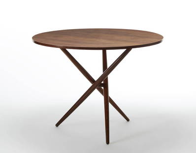 Jurg Bally Tripod table with circular top and: Jurg Bally Tripod table with circular top and adjustable height. Produced by Artform, Italy, 1960s. Solid wood and teak veneer. Metal label "ARFORM design Jurg Bally" under the plan. (h 78 cm.; d 105