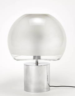 Luigi Caccia Dominioni (Milano 1913 - Milano 2016): Luigi Caccia Dominioni (Milano 1913 - Milano 2016) Table lamp model "LTA6 Porcino". Produced by Azucena, Milan, 1967. Cylindrical base in chromed brass, diffuser in smerigliato blown glass on the inte