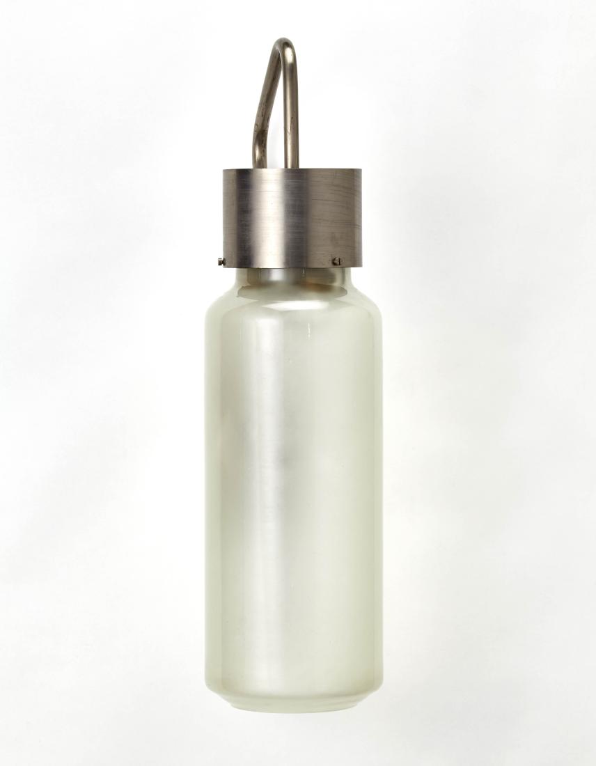 Luigi Caccia Dominioni (Milano 1913 - Milano 2016) Wall: Luigi Caccia Dominioni (Milano 1913 - Milano 2016) Wall lamp model "Bidone". Produced by Azucena, Milan, 1950s. Nickel-plated brass and satinato glass on the inner surface. (h 72 cm.) IT Lampada da pa