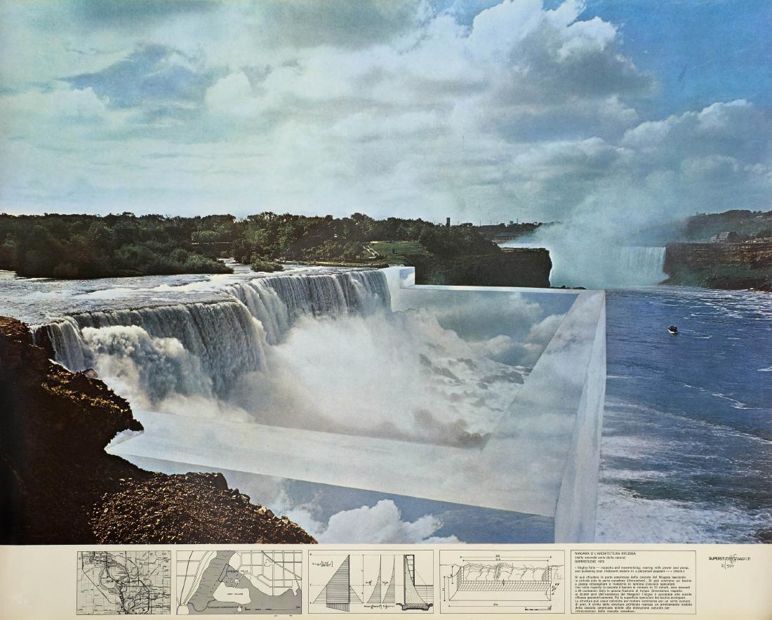 Superstudio "Niagara o l'architettura riflessa (dalla: Superstudio "Niagara o l'architettura riflessa (dalla seconda serie della natura" Original lithograph printed in offset with color on coated paper. Plura edizioni, Milan, 1970. "PLURA EDIZIONI" dry st