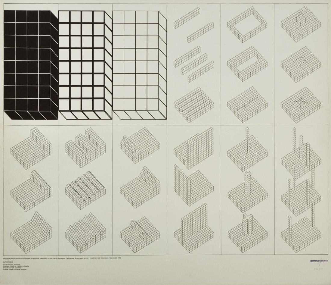 Superstudio "Istogrammi d'architettura" Lithograph on: Superstudio "Istogrammi d'architettura" Lithograph on paper depicting architectural histograms with reference to a lattice that can be transposed into different areas or scales for the construction of