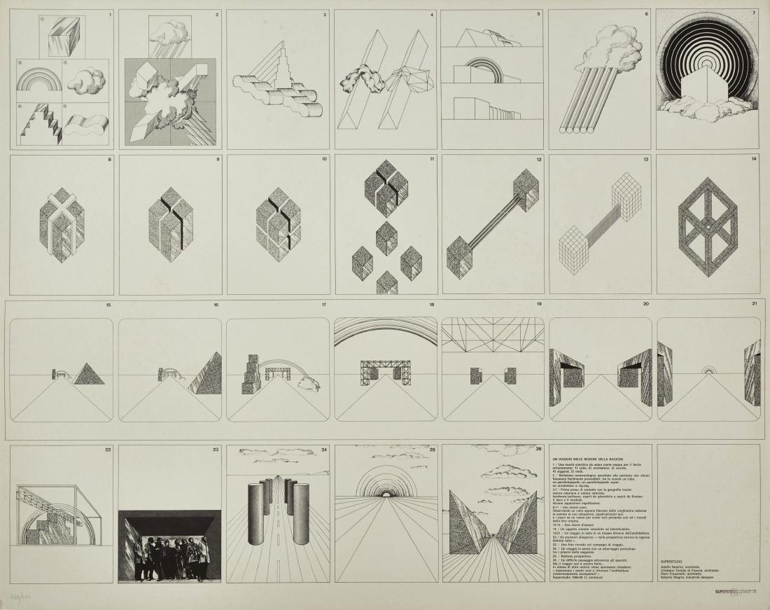 Superstudio "Un viaggio nelle ragioni della ragione": Superstudio "Un viaggio nelle ragioni della ragione" Lithograph on paper depicting 26 drawings in black on a white background. First "catalogo" of Superstudio that collects drawings produced in the pe