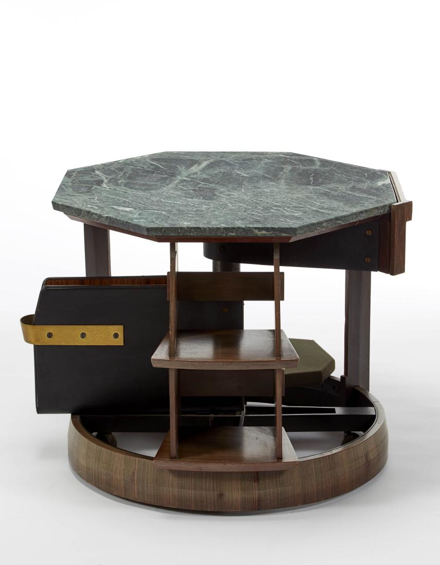 Renato Angeli Phone holder and book-holder trolley: Renato Angeli Phone holder and book-holder trolley with octagonal top in veined green marble, side elements in solid Indian rosewood, structure and central upright in black lacquered metal. A counter
