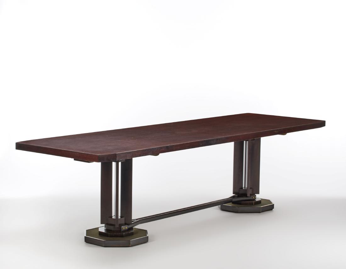 Renato Angeli Large meeting table with octagonal top: Renato Angeli Large meeting table with octagonal top veneered and bordered in Indian rosewood, two column supports with four solid wood uprights and octagonal base in wood and brass, joined by shaped
