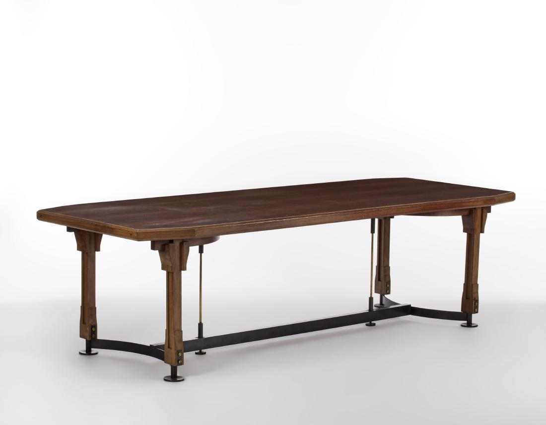 Renato Angeli Large dining table with octagonal top: Renato Angeli Large dining table with octagonal top edged in solid rosewood, four legs made up of solid rosewood embedded elements, connecting elements in burnished brass and tubular brass uprights..