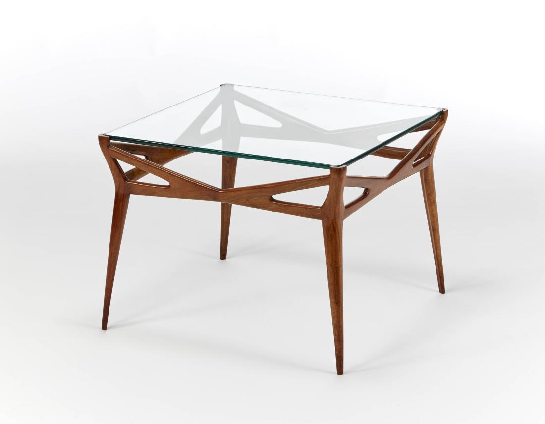Coffee table with solid mahogany structure shaped like: Coffee table with solid mahogany structure shaped like a trellis, square top glass. Italian execution. Cantu, 1950s. (67x51x67 cm.) IT Tavolo basso con struttura in massello di mogano sagomato a forma