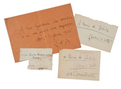 D'ANNUNZIO, Gabriele (1863-1938) - Three envelopes: D'ANNUNZIO, Gabriele (1863-1938) - Three envelopes addressed by Gabriele D'Annunzio to Mario de Felici and Leonardo Bistolfi. A larger envelope with an inscription addressed to Suor Spondiale "che