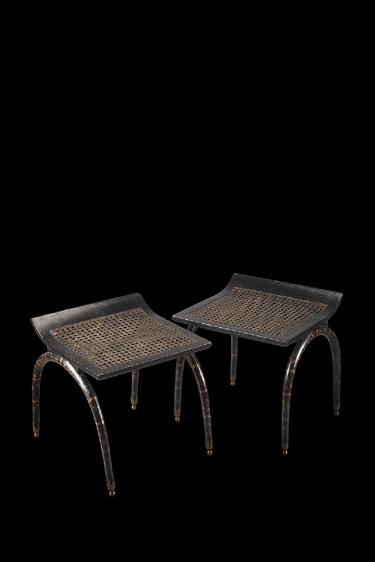 A pair of lacquered and giltwood stools. French, 19th: A pair of lacquered and giltwood stools. French, 19th century. Marked Jean-Joseph Chapuis (Brussels 1765 – 1864) (defects and restorations) IT Coppia di sgabelli in legno laccato e dorato, decori fo