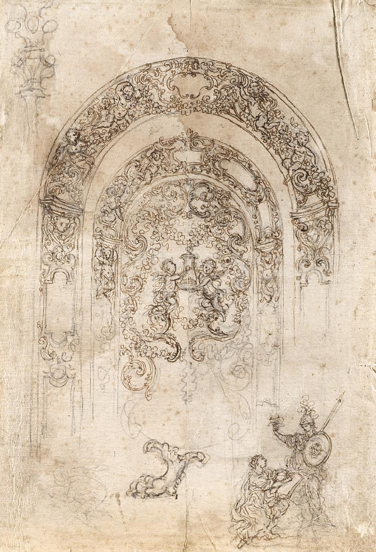 Giovanni Battista Foggini (Firenze 1652 - 1725) Study: Giovanni Battista Foggini (Firenze 1652 - 1725) Study for an Apse (recto); Study for an Altar (verso) Pen and brown ink on traces in black chalk on paper with indistinct watermark (Tre Monti?) 291x208