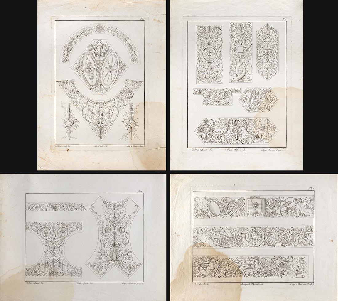 Lot composed of nineteen etchings depicting studies for: Lot composed of nineteen etchings depicting studies for ornamental motif, invented by Antonio Basoli and engraved by Luigi e Antonio Basoli (40x30 cm. circa to the plate) (defects); and a similar one