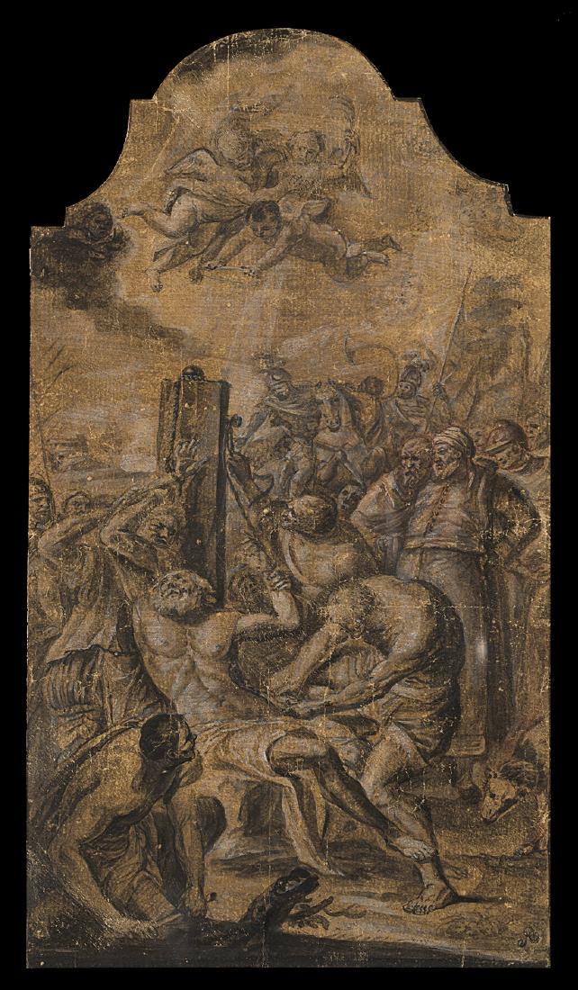 School of the 17th Century Martyrdom of Saint: School of the 17th Century Martyrdom of Saint Bartholomew Brush, brown and grey washed, heightened in white lead on paper 254x142 mm. (shaped sheet) Framed (defects and losses) Provenance John Auldjo 