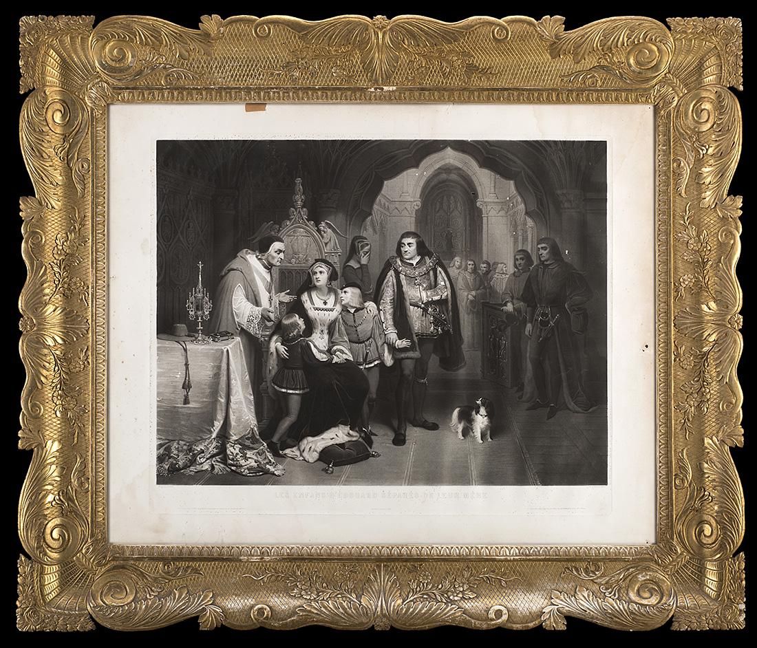 A 19th-century Neapolitan giltwood frame (cm 84x103): A 19th-century Neapolitan giltwood frame (cm 84x103) Containing an engraving after Gosse titled "Les enfants d'Edouard séparés de leur mère" (defects) IT Cornice in legno e pastiglia dorata decorat