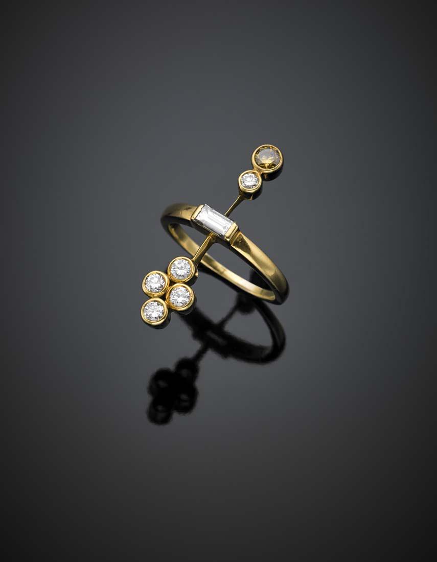 Colourless and fancy yellow diamond yellow gold ring,: Colourless and fancy yellow diamond yellow gold ring, in all ct. 0.80 circa g 4.64 size 12.5/52.5. IT Anello in oro giallo con diamanti incolori e fancy yellow per complessivi ct. 0,80 circa g 4,64 mi