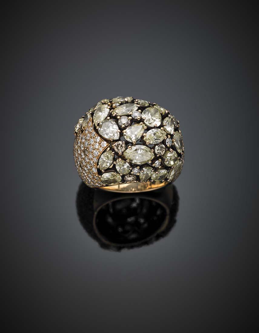 CRIVELLI Fancy yellow and brown diamond pink gold dome: CRIVELLI Fancy yellow and brown diamond pink gold dome ring, accented with colourless diamond pavé, in all ct. 11.30 circa g 20.6 size 15/55. Logoed 3130 AL, Br 2.26, Bbr 0.74, Bry 8.30. IT CRIVELLI