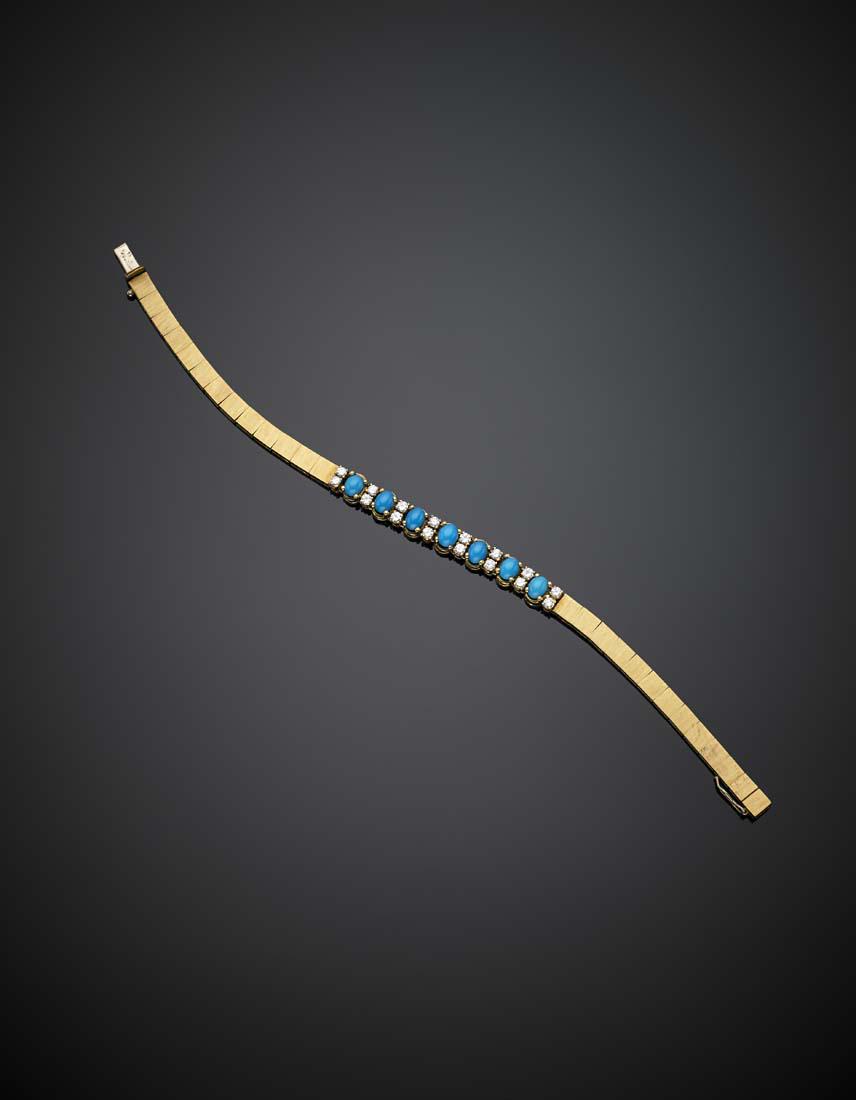 Yellow gold turquoise and diamond modular bracelet,: Yellow gold turquoise and diamond modular bracelet, diamonds in all ct. 0.80 circa, g 18.65, length cm 18 circa. IT Bracciale modulare in oro giallo con turchesi e diamanti per complessivi ct. 0,80 ci
