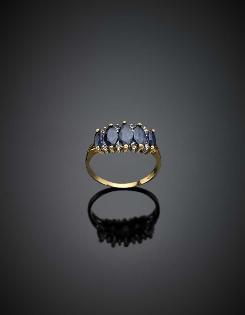 Marquise sapphire diamond accented yellow gold ring,: Marquise sapphire diamond accented yellow gold ring, sapphire in all ct. 2.50 circa, g 3.86 size 17/57. IT Anello in oro giallo con zaffiri a navette per complessivi ct. 2,50 circa e piccoli diamanti,