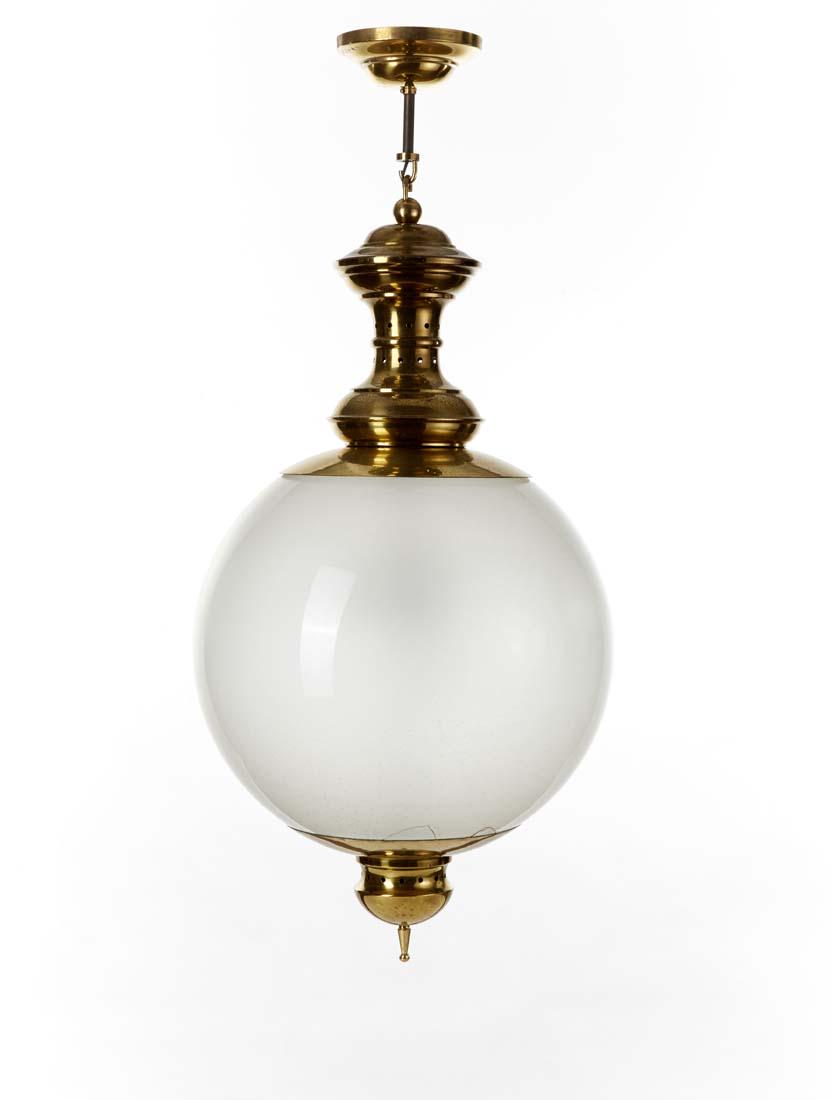 Luigi Caccia Dominioni (Milano 1913 - Milano 2016): Luigi Caccia Dominioni (Milano 1913 - Milano 2016) Suspension lamp model "LS1GC lampione". Produced by Azucena, Milan, 1954ca. Brass and glazed blown glass on the inner surface. (h 90 cm.; d 50 cm.) (