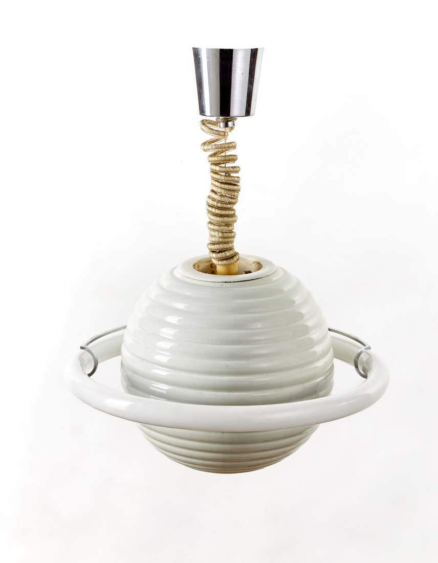 Angelo Brotto (1914 - 2002) Suspension lamp model: Angelo Brotto (1914 - 2002) Suspension lamp model "Bull". Produced by Esperia, 1970s. White ceramic sphere worked in horizontal ribs, metal bracket and orbital light in neon tube. (h 54 cm.; d 33 cm.)