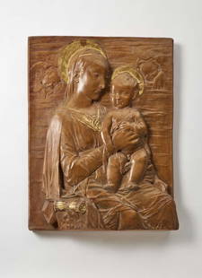 Manifattura di Signa Large terracotta partially gilded: Manifattura di Signa Large terracotta partially gilded depicting the Madonna and Child inspired by a Renaissance work. Florence, second half 20th century. (50x9x64 cm.) (slight defects) IT Grande form